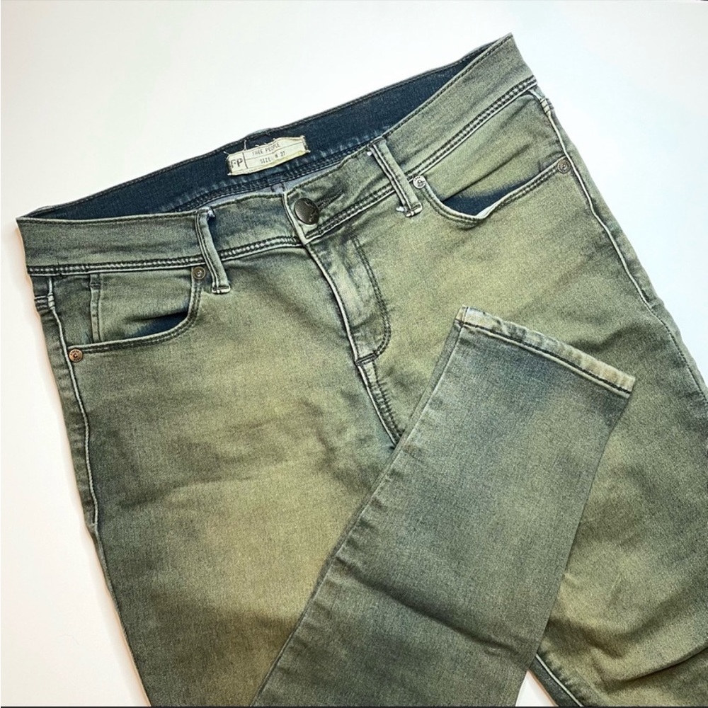 Free People Stretch Skinny Crop Ankle Jeans Vintage Acid Wash Army Green & Black
